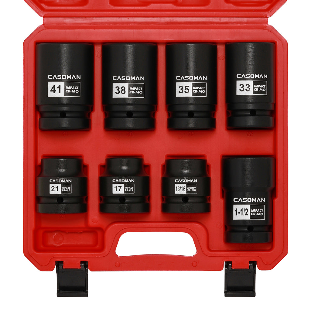 CASOMAN 8-Piece 1-Inch Drive Impact Socket Set, Metric & SAE, Truck Socket Wheel Service Impact Socket Set, 6-Point/Square Design, CR-MO