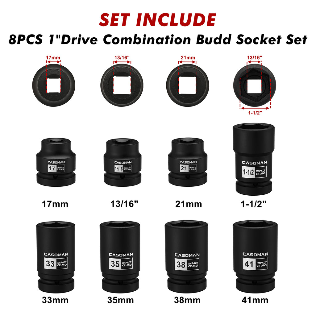 CASOMAN 8-Piece 1-Inch Drive Impact Socket Set, Metric & SAE, Truck Socket Wheel Service Impact Socket Set, 6-Point/Square Design, CR-MO