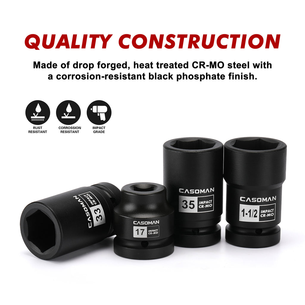 CASOMAN 8-Piece 1-Inch Drive Impact Socket Set, Metric & SAE, Truck Socket Wheel Service Impact Socket Set, 6-Point/Square Design, CR-MO
