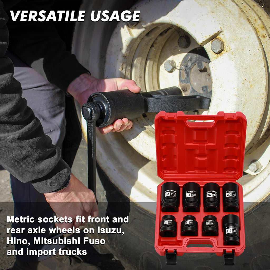 CASOMAN 8-Piece 1-Inch Drive Impact Socket Set, Metric & SAE, Truck Socket Wheel Service Impact Socket Set, 6-Point/Square Design, CR-MO
