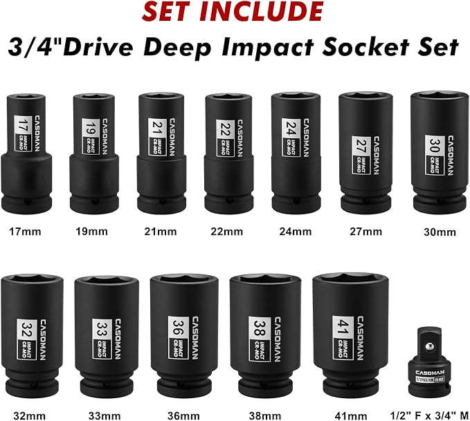 CASOMAN 3/4" Drive Deep Impact Socket Set, 13Piece Jumbo Socket Assortment, Metric(17mm to 41mm), 6-Point, Include 1/2" F to 3/4" M Adapter, CR-MO Steel