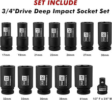 Load image into Gallery viewer, CASOMAN 3/4" Drive Deep Impact Socket Set, 13Piece Jumbo Socket Assortment, Metric(17mm to 41mm), 6-Point, Include 1/2" F to 3/4" M Adapter, CR-MO Steel