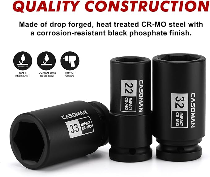 CASOMAN 3/4" Drive Deep Impact Socket Set, 13Piece Jumbo Socket Assortment, Metric(17mm to 41mm), 6-Point, Include 1/2" F to 3/4" M Adapter, CR-MO Steel