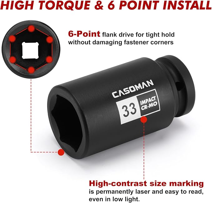 CASOMAN 3/4" Drive Deep Impact Socket Set, 13Piece Jumbo Socket Assortment, Metric(17mm to 41mm), 6-Point, Include 1/2" F to 3/4" M Adapter, CR-MO Steel
