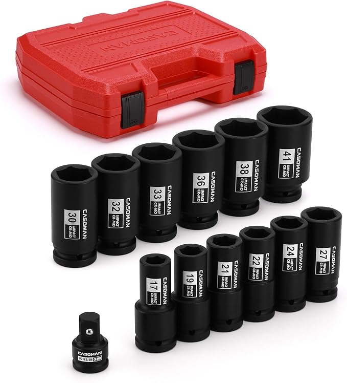 CASOMAN 3/4" Drive Deep Impact Socket Set, 13Piece Jumbo Socket Assortment, Metric(17mm to 41mm), 6-Point, Include 1/2" F to 3/4" M Adapter, CR-MO Steel