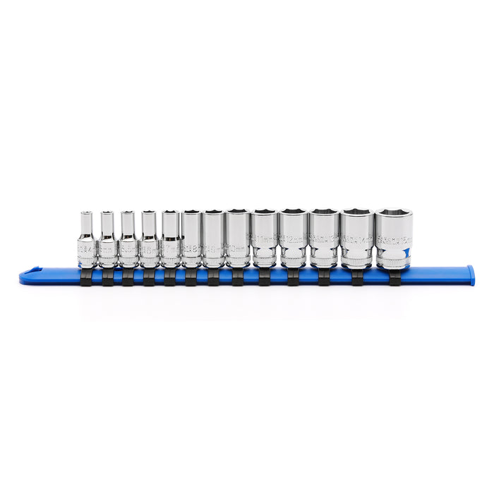 CASOMAN 13PCS 1/4"Drive Mid-Length Socket Set, 6-Point, Mirror Chrome Finish, Metric, 4mm to 15 mm