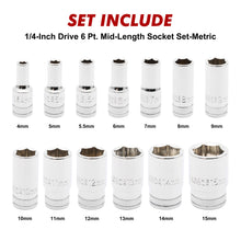 Load image into Gallery viewer, CASOMAN 13PCS 1/4"Drive Mid-Length Socket Set, 6-Point, Mirror Chrome Finish, Metric, 4mm to 15 mm