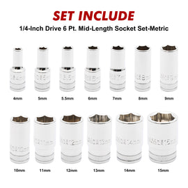CASOMAN 13-Piece 1/4-Inch Drive Mid-Length Socket Set, 6-Point, Metric 4–15 mm, Mirror Chrome Finish