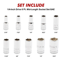 Load image into Gallery viewer, CASOMAN 10PCS 1/4"Drive 6 Pt. Mid-Length Socket Set, SAE, 3/16" to 9/16", Mirror Chrome Finish