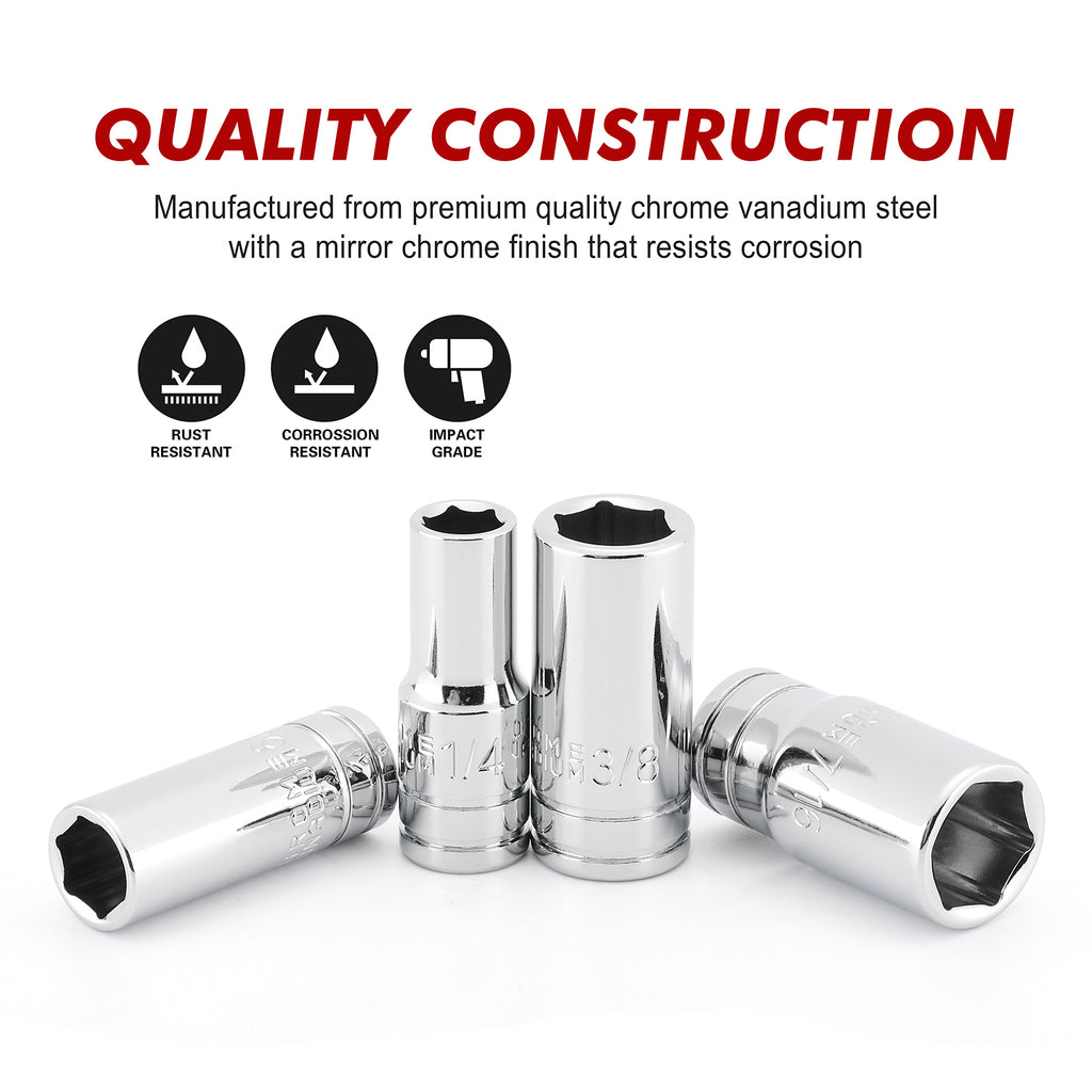 CASOMAN 10PCS 1/4"Drive 6 Pt. Mid-Length Socket Set, SAE, 3/16" to 9/16", Mirror Chrome Finish
