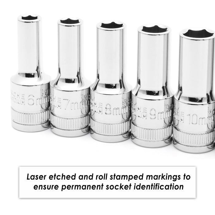 CASOMAN 14PCS 3/8" Drive 6 Pt. Mid-Length Socket Set, Metric, 6, 7, 8, 9, 10, 11, 12, 13, 14, 15, 16, 17, 18, 19 mm, Mirror Chrome Finish