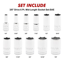 Load image into Gallery viewer, CASOMAN 11PCS 3/8" Drive 6 Pt. Mid-Length Socket Set, SAE, Mirror Chrome Finish, 1/4", 5/16", 3/8", 7/16", 1/2", 9/16", 5/8", 11/16", 3/4", 13/16", 7/8"