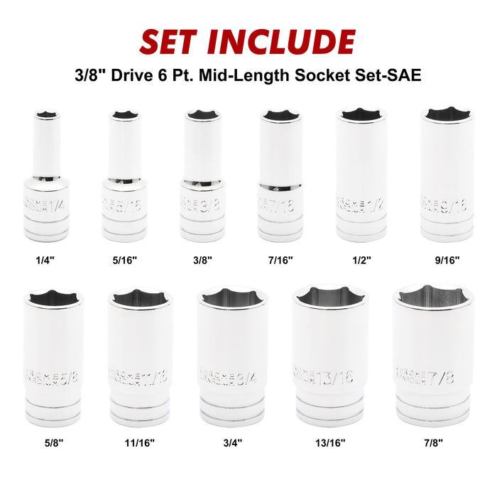 CASOMAN 11PCS 3/8" Drive 6 Pt. Mid-Length Socket Set, SAE, Mirror Chrome Finish, 1/4", 5/16", 3/8", 7/16", 1/2", 9/16", 5/8", 11/16", 3/4", 13/16", 7/8"