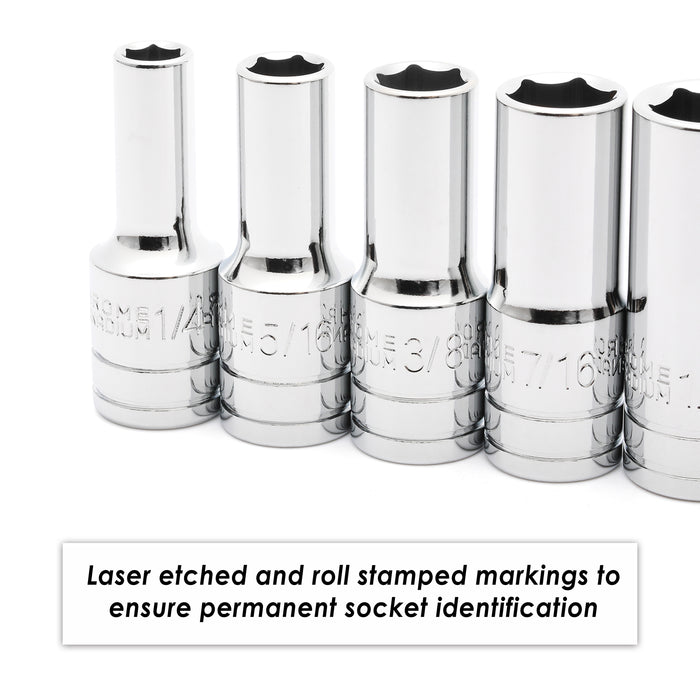 CASOMAN 11PCS 3/8" Drive 6 Pt. Mid-Length Socket Set, SAE, Mirror Chrome Finish, 1/4", 5/16", 3/8", 7/16", 1/2", 9/16", 5/8", 11/16", 3/4", 13/16", 7/8"