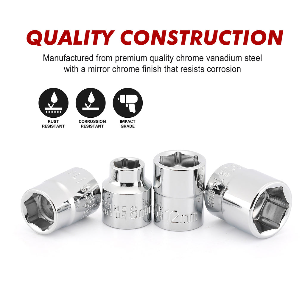 CASOMAN 14 Piece 3/8" Drive 6 Point Stubby Socket Set, Metric, Mirror Chrome Finish, 6,7,8,9,10,11,12,13,14,15,16,17,18,19mm