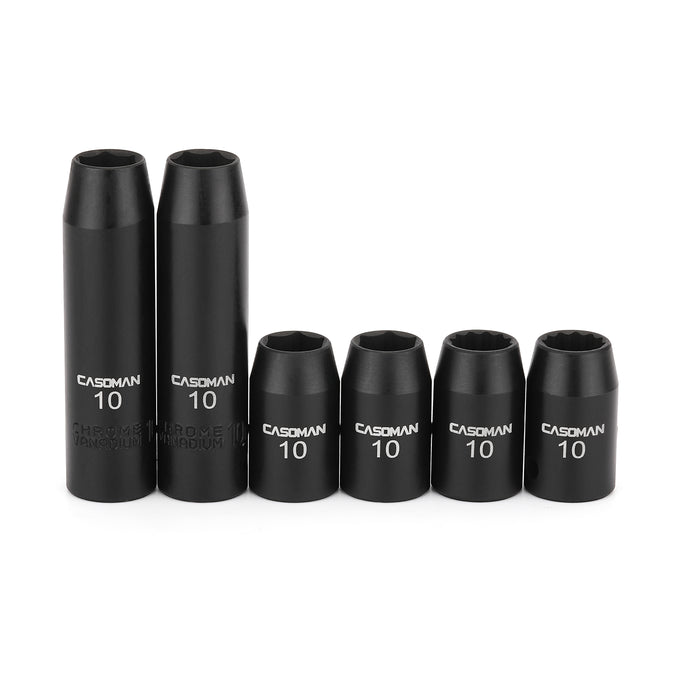 CASOMAN 6 Pieces 3/8-Inch Drive Impact Socket Set-10mm, Deep & Shallow, Metric, 6 Point & 12 Point Desgin, Black Phosphate Finish