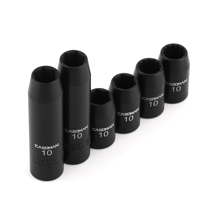 CASOMAN 6 Pieces 3/8-Inch Drive Impact Socket Set-10mm, Deep & Shallow, Metric, 6 Point & 12 Point Desgin, Black Phosphate Finish