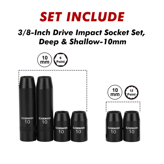 CASOMAN 6 Pieces 3/8-Inch Drive Impact Socket Set-10mm, Deep & Shallow, Metric, 6 Point & 12 Point Desgin, Black Phosphate Finish