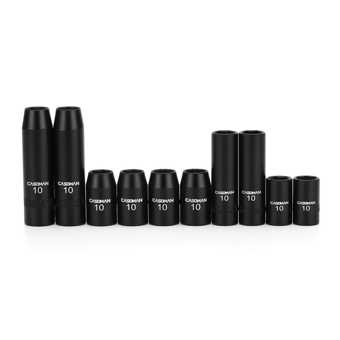 CASOMAN 10Piece Impact Socket Set-10mm, 1/4" & 3/8" Drive, Deep & Shallow, Metric, Black Phosphate Finish