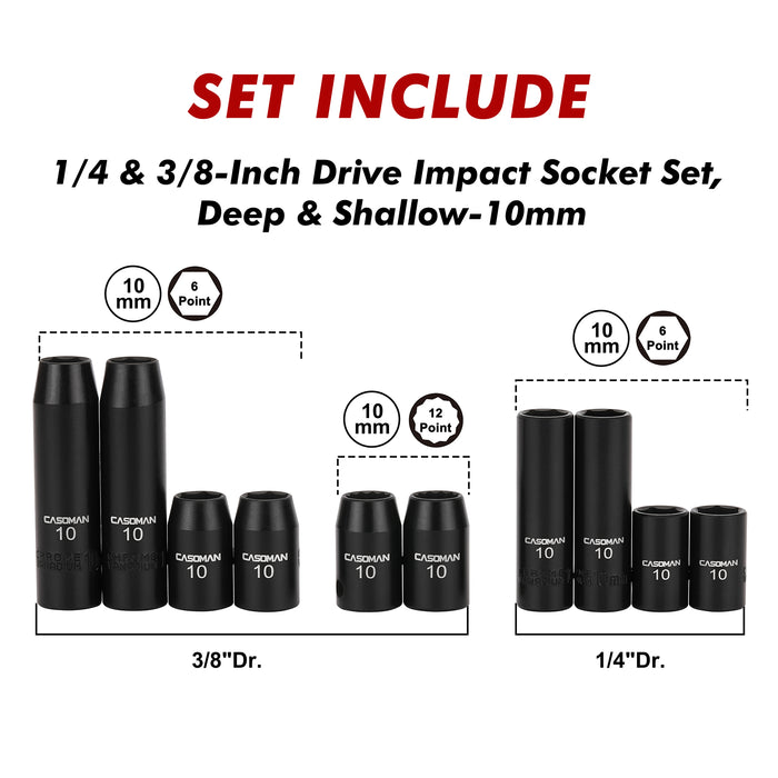 CASOMAN 10Piece Impact Socket Set-10mm, 1/4" & 3/8" Drive, Deep & Shallow, Metric, Black Phosphate Finish