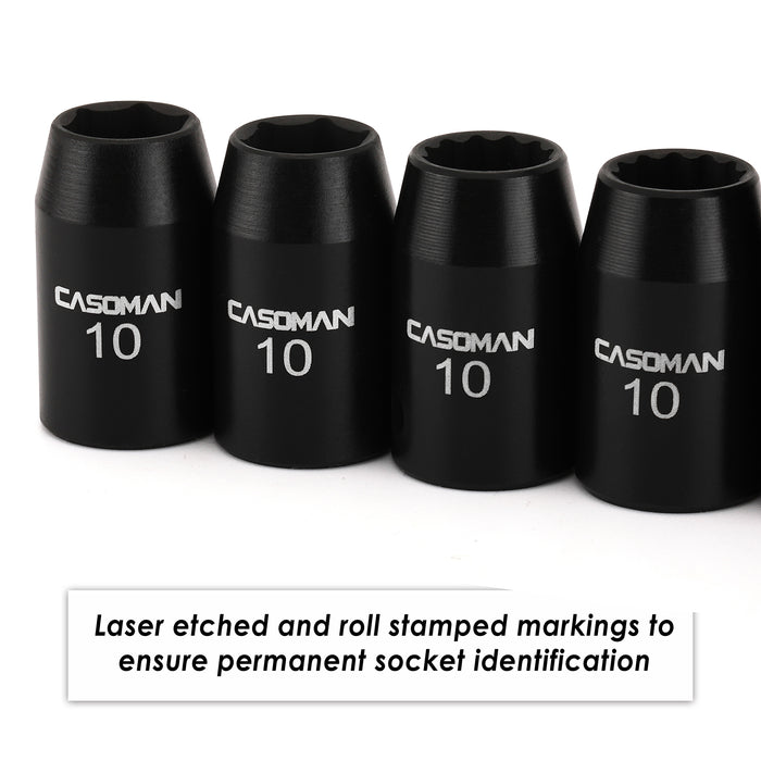 CASOMAN 10Piece Impact Socket Set-10mm, 1/4" & 3/8" Drive, Deep & Shallow, Metric, Black Phosphate Finish