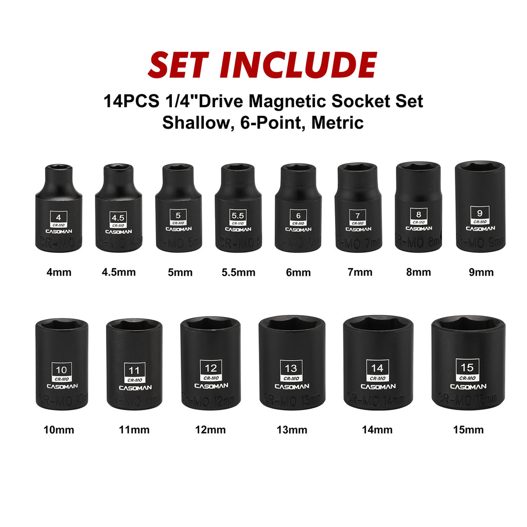 CASOMAN 14PCS 1/4"Drive Magnetic Impact Socket Set, Shallow, 6-Point, Metric, 4mm to 15mm, CR-MO Steel