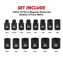 Load image into Gallery viewer, CASOMAN 14PCS 1/4"Drive Magnetic Impact Socket Set, Shallow, 6-Point, Metric, 4mm to 15mm, CR-MO Steel
