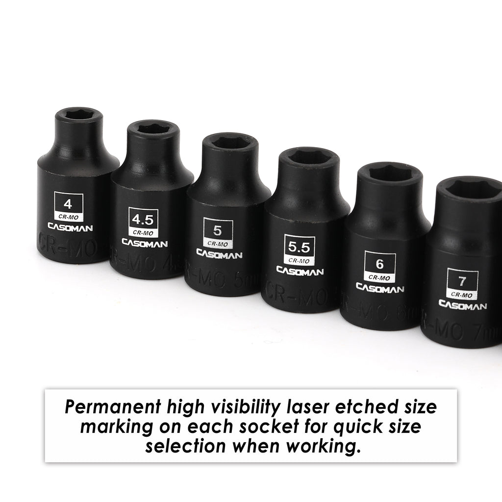 CASOMAN 14PCS 1/4"Drive Magnetic Impact Socket Set, Shallow, 6-Point, Metric, 4mm to 15mm, CR-MO Steel