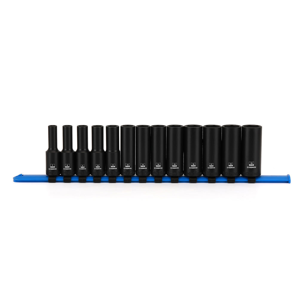 CASOMAN 13PCS 3/8"Drive Magnetic Impact Socket Set, Deep, 6-Point, Metric, 7mm to 19mm, CR-MO
