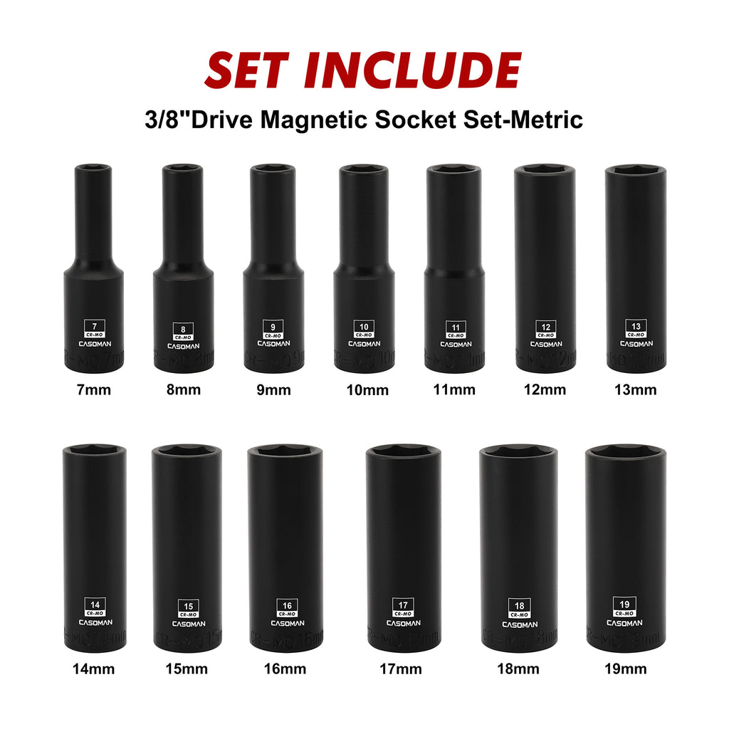 CASOMAN 13PCS 3/8"Drive Magnetic Impact Socket Set, Deep, 6-Point, Metric, 7mm to 19mm, CR-MO