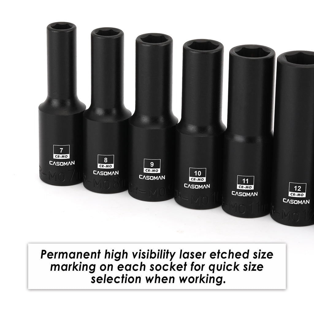 CASOMAN 13PCS 3/8"Drive Magnetic Impact Socket Set, Deep, 6-Point, Metric, 7mm to 19mm, CR-MO