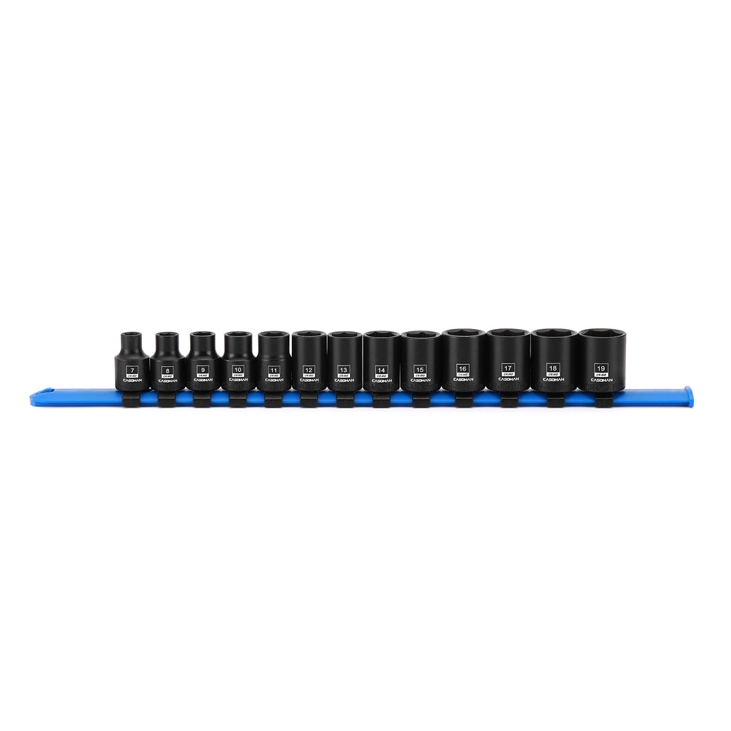 CASOMAN 13PCS 3/8"Drive Magnetic Socket Set, Shallow, 6-Point, Metric, 7mm to 19mm, CR-MO