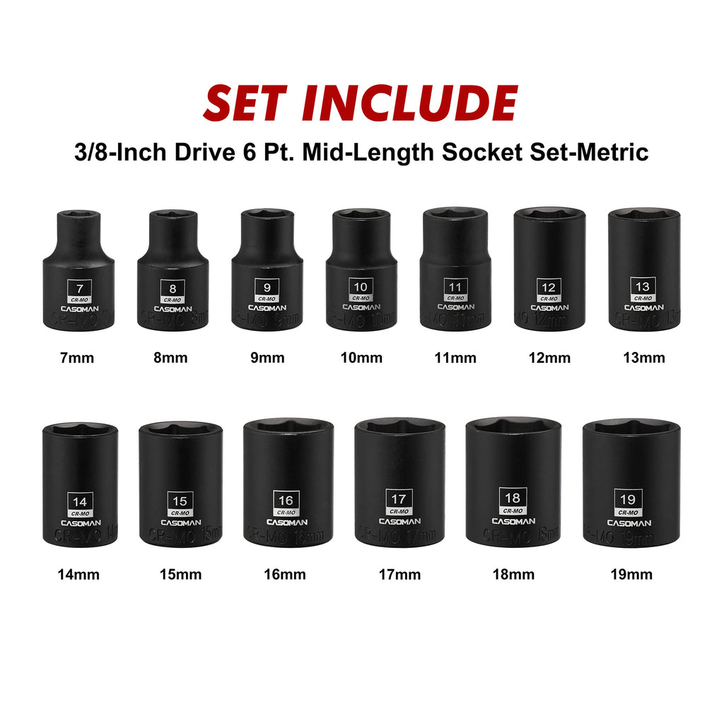 CASOMAN 13PCS 3/8"Drive Magnetic Socket Set, Shallow, 6-Point, Metric, 7mm to 19mm, CR-MO