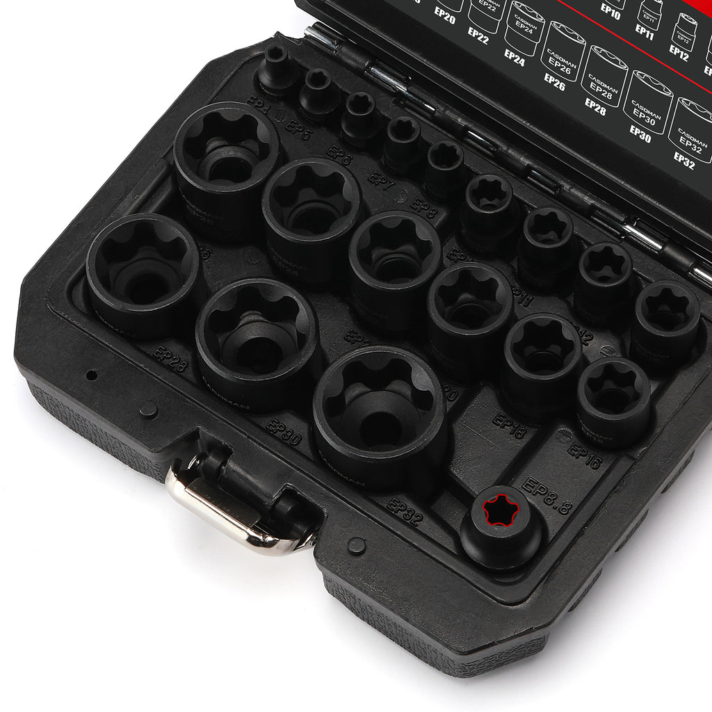 CASOMAN 19PCS External Torx Plus Socket Set, 6 Point EP Socket EP4-EP32 with 1/2'', 3/8'' & 1/4'' Dr, 5 Point EP Socket 1/2'' Dr. EP8.8 Compatible with Tesla, Cr-V Steel