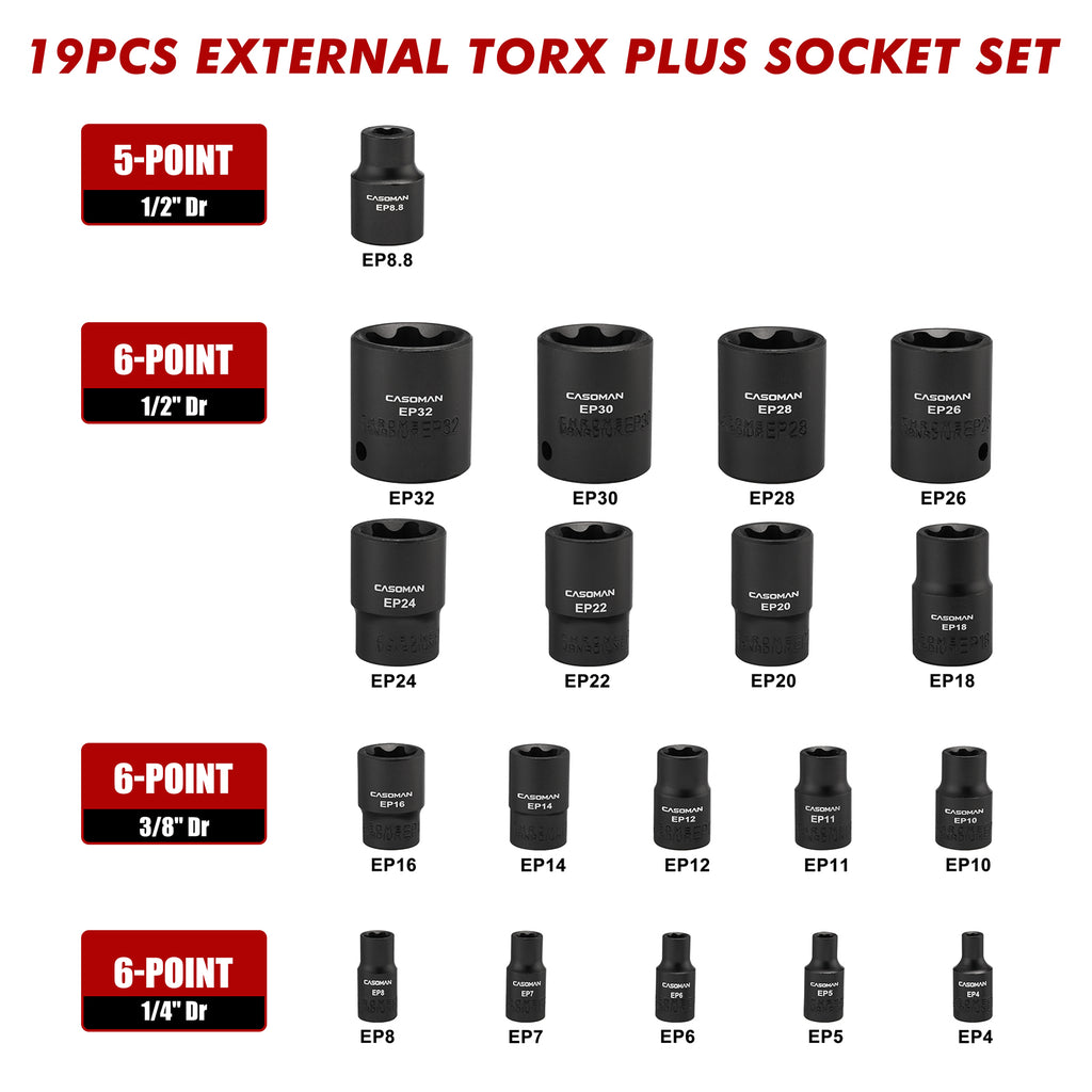 CASOMAN 19PCS External Torx Plus Socket Set, 6 Point EP Socket EP4-EP32 with 1/2'', 3/8'' & 1/4'' Dr, 5 Point EP Socket 1/2'' Dr. EP8.8 Compatible with Tesla, Cr-V Steel