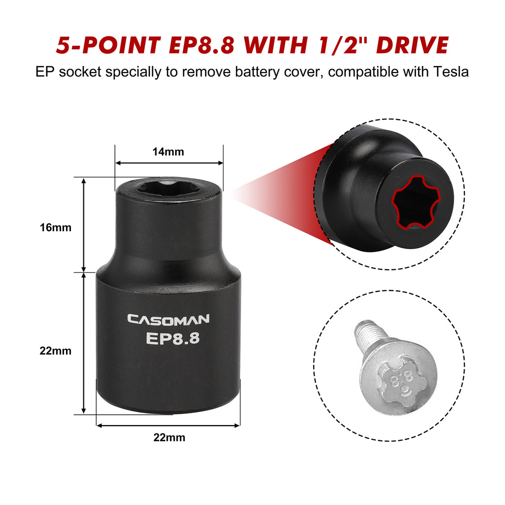 CASOMAN 19PCS External Torx Plus Socket Set, 6 Point EP Socket EP4-EP32 with 1/2'', 3/8'' & 1/4'' Dr, 5 Point EP Socket 1/2'' Dr. EP8.8 Compatible with Tesla, Cr-V Steel