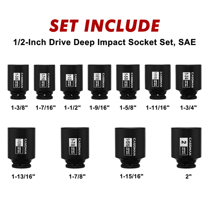 CASOMAN 11PCS 1/2-Inch Drive Large Impact Socket Set, 6 Point, 1-3/8-Inch to 2-Inch, SAE Spindle Axle Nut Impact Socket Set, CR-MO