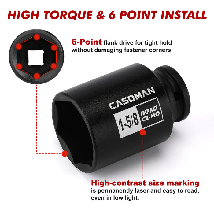 CASOMAN 11PCS 1/2-Inch Drive Large Impact Socket Set, 6 Point, 1-3/8-Inch to 2-Inch, SAE Spindle Axle Nut Impact Socket Set, CR-MO