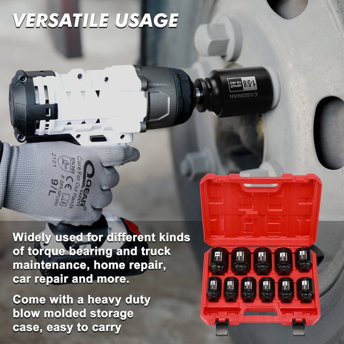 CASOMAN 11PCS 1/2-Inch Drive Large Impact Socket Set, 6 Point, 1-3/8-Inch to 2-Inch, SAE Spindle Axle Nut Impact Socket Set, CR-MO