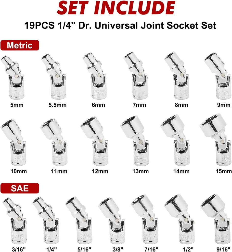 CASOMAN 19-Piece 1/4-Inch Drive Universal Joint Socket Set, 6-Point, Metric 5–15 mm & SAE 3/16–9/16 Inch, CR-V