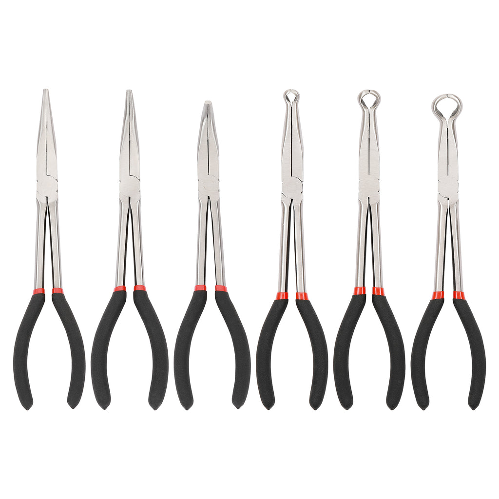 CASOMAN 6PCS 11" Extra Long Pliers Set, Include Extra Long Needle Nose Pliers Set (1"Long Nose Plier, 90°&45° Bent Nose Pliers) & Non-slip Hose Gripper Plier Set(5/16", 1/2", 3/4" Dia)
