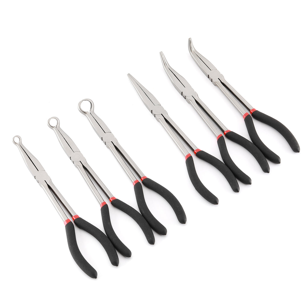 CASOMAN 6PCS 11" Extra Long Pliers Set, Include Extra Long Needle Nose Pliers Set (1"Long Nose Plier, 90°&45° Bent Nose Pliers) & Non-slip Hose Gripper Plier Set(5/16", 1/2", 3/4" Dia)