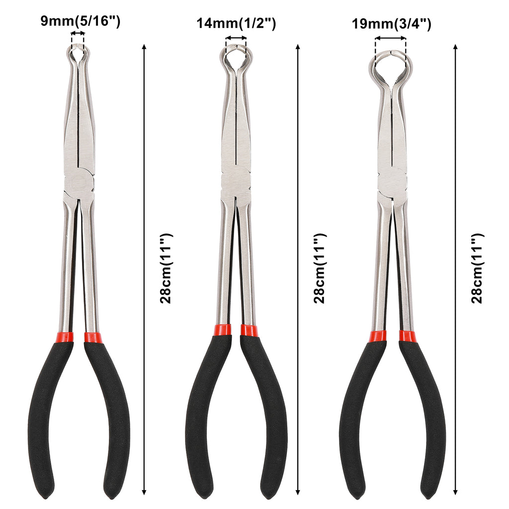 CASOMAN 6PCS 11" Extra Long Pliers Set, Include Extra Long Needle Nose Pliers Set (1"Long Nose Plier, 90°&45° Bent Nose Pliers) & Non-slip Hose Gripper Plier Set(5/16", 1/2", 3/4" Dia)