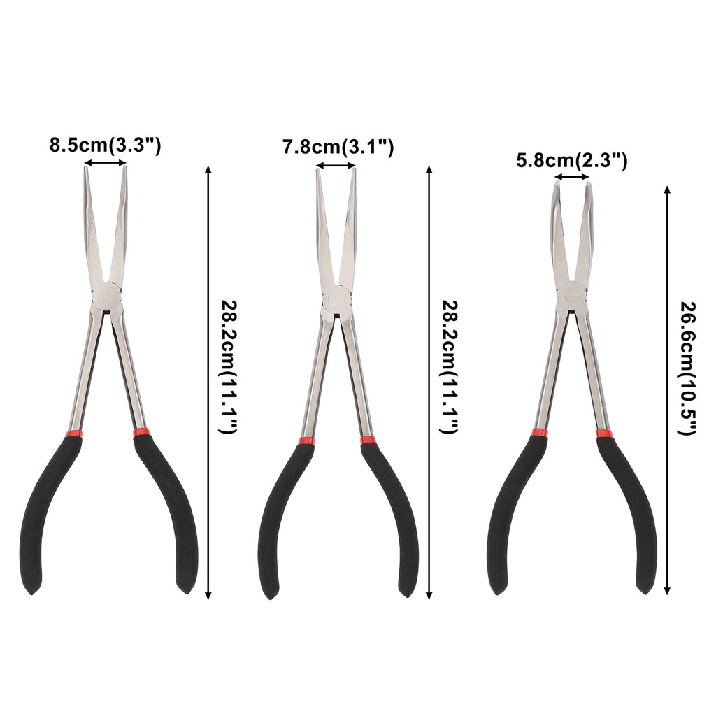CASOMAN 6PCS 11" Extra Long Pliers Set, Include Extra Long Needle Nose Pliers Set (1"Long Nose Plier, 90°&45° Bent Nose Pliers) & Non-slip Hose Gripper Plier Set(5/16", 1/2", 3/4" Dia)