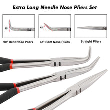 Load image into Gallery viewer, CASOMAN 6PCS 11" Extra Long Pliers Set, Include Extra Long Needle Nose Pliers Set (1"Long Nose Plier, 90°&amp;45° Bent Nose Pliers) &amp; Non-slip Hose Gripper Plier Set(5/16", 1/2", 3/4" Dia)
