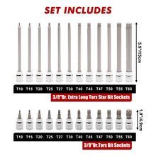 Load image into Gallery viewer, CASOMAN 3/8"Drive Extra Long and Standard Torx Bit Socket Set, 24 Piece Torx Star Bit Set, T10 to T60, Length: 150mm, CR-V &amp; S2 Steel
