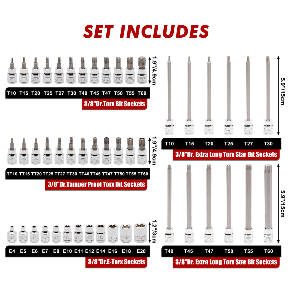 CASOMAN 48PCS 3/8"Drive Master Torx Bit Socket and External Torx Socket Set, Deep & Shallow, Torx/Extra Long Torx/Tamper Proof Torx/E-Torx, CR-V & S2 Steel