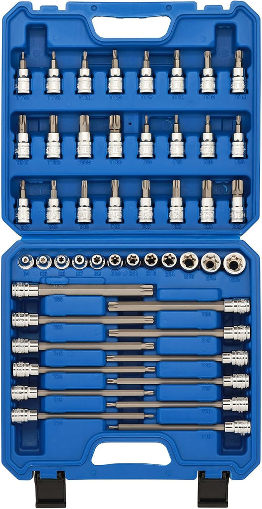 CASOMAN 48PCS 3/8"Drive Master Torx Bit Socket and External Torx Socket Set, Deep & Shallow, Torx/Extra Long Torx/Tamper Proof Torx/E-Torx, CR-V & S2 Steel