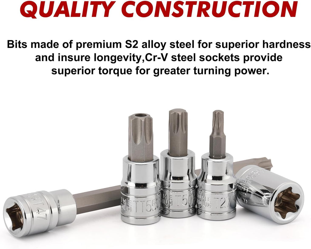 CASOMAN 48PCS 3/8"Drive Master Torx Bit Socket and External Torx Socket Set, Deep & Shallow, Torx/Extra Long Torx/Tamper Proof Torx/E-Torx, CR-V & S2 Steel