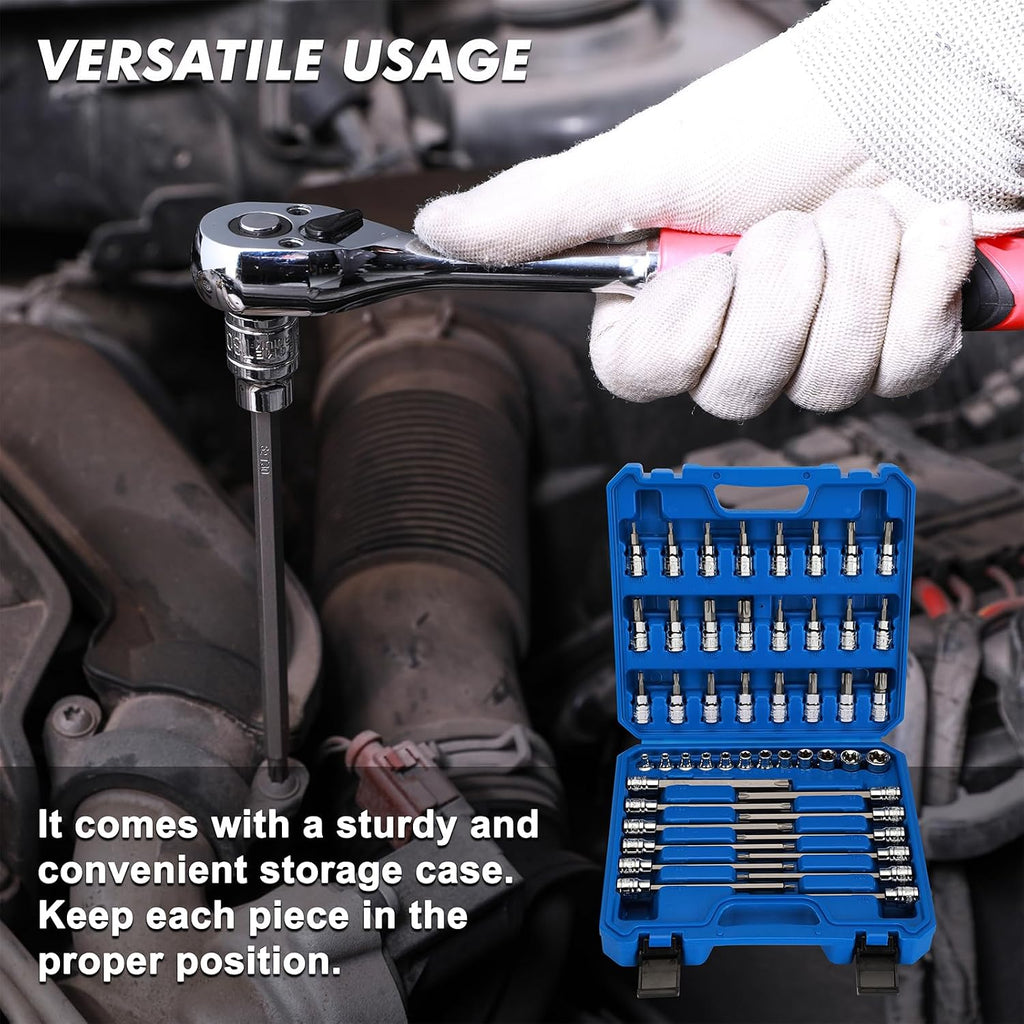 CASOMAN 48PCS 3/8"Drive Master Torx Bit Socket and External Torx Socket Set, Deep & Shallow, Torx/Extra Long Torx/Tamper Proof Torx/E-Torx, CR-V & S2 Steel